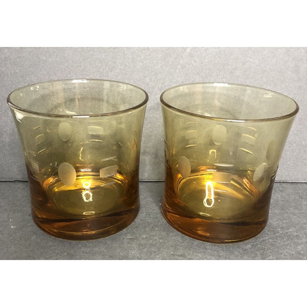 2 Javit Cameo Amber Rocks Old Fashion Etched Glasses Geometric Dot Lines